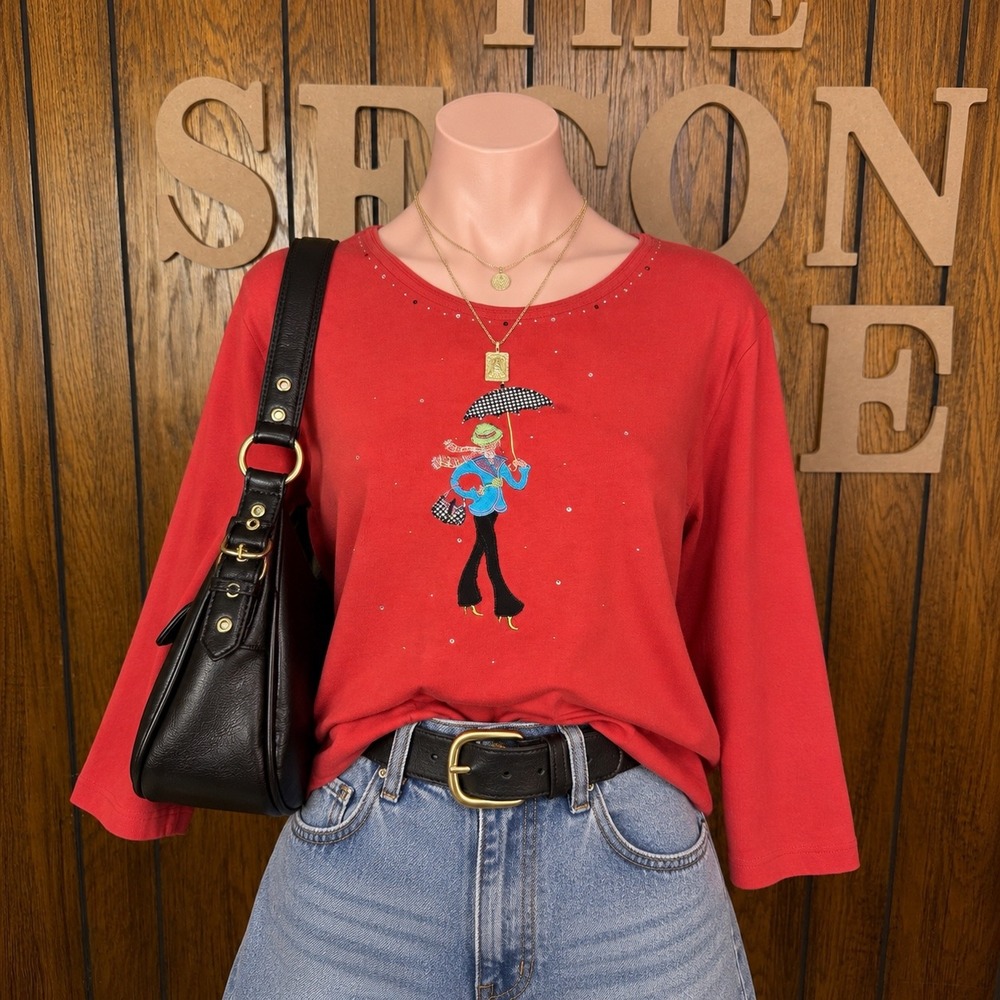 Red Retro Graphic Top Alfred Dunner Women L Y2K Kitschy Whimsical Novelty Top